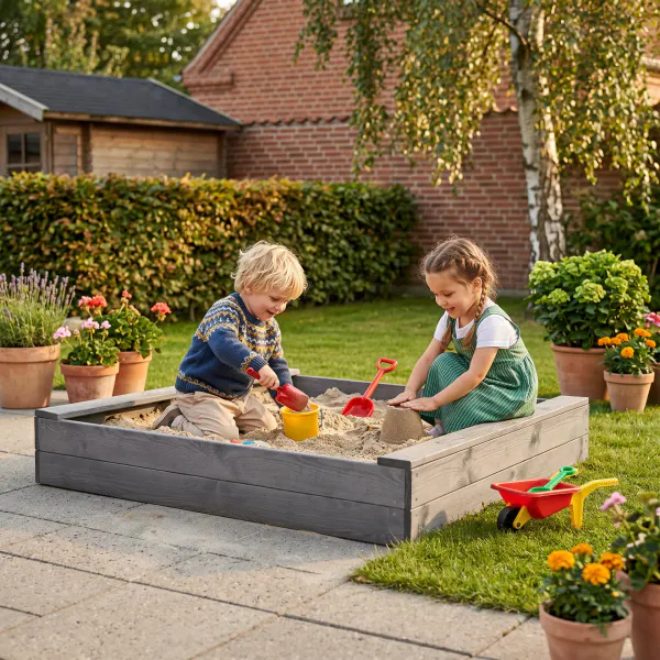 Sandkasse 120 × 120 cm med 200 kg sand – grå
